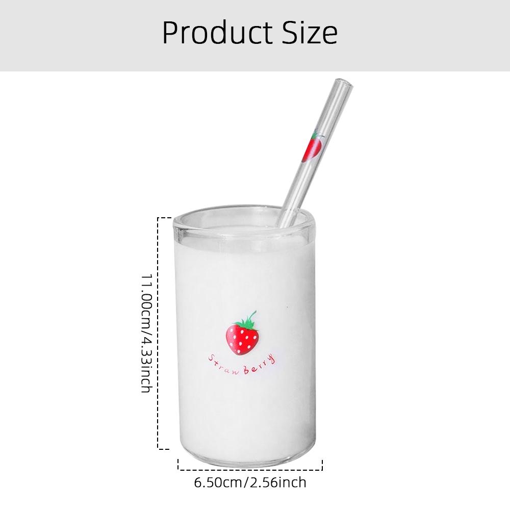 300ml Strawberry Cute Glass Cup With Straw Creative Transparent Water Cup Student Milk Heat Resistant Glass