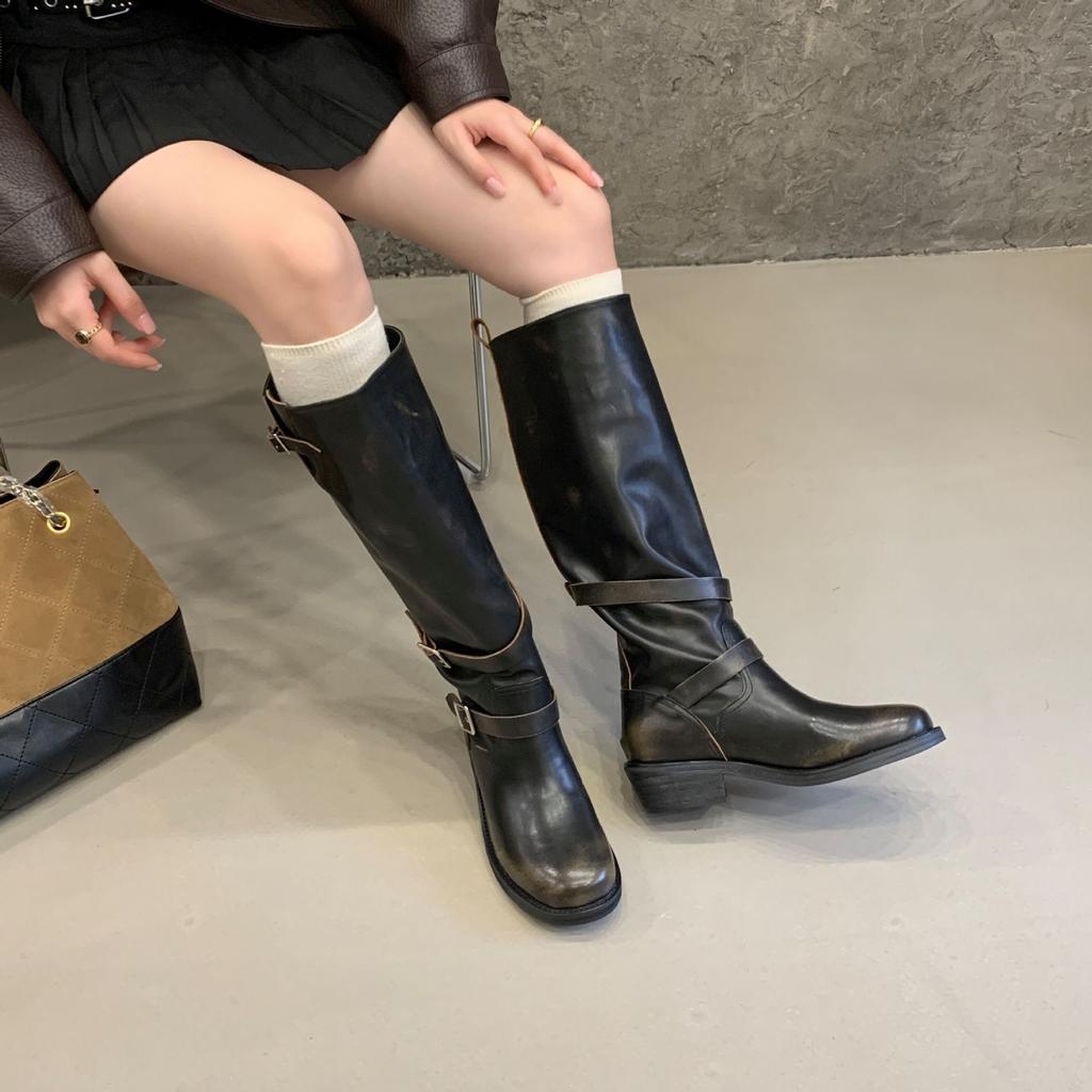 Heavy Knight Boots "retro Old Polished Pleated Boots Women's Autumn Thick Heel Belt Buckle Locomotive Stacking Boots
