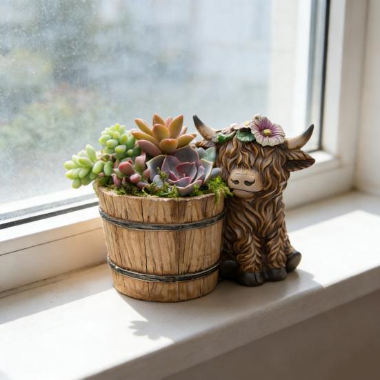 Yousheng Highland Cow Planter Cute Resin Cow Flower Pot Small Decorative Plant Pot Succulents Planter for Indoor Outdoor