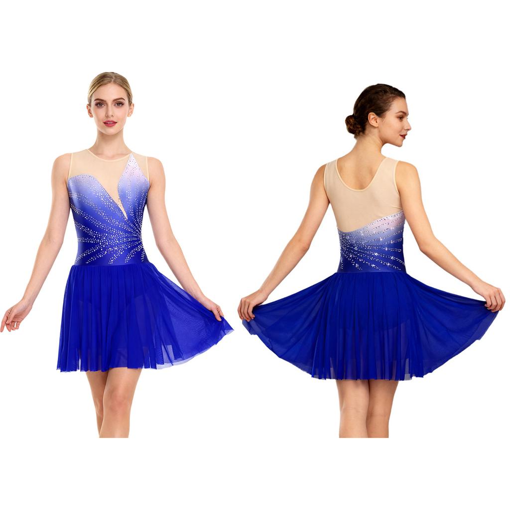 Damen Eiskunstlauf Performance Kleid: Ärmelloses Netz-Kleid mit Strasssteinen und sicheren Schrittknöpfen für Wettkämpfe