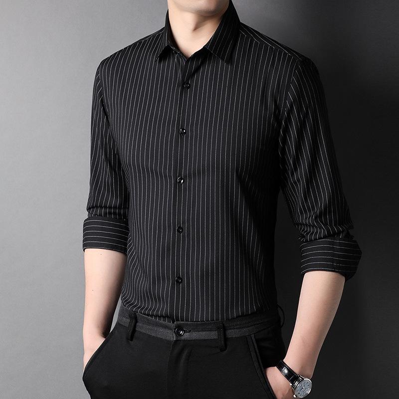 Men's Vertical Stripe Long Sleeve Shirt - Turn-Down Collar, Slim Fit, Iron-Free, Versatile Business Top for All Ages