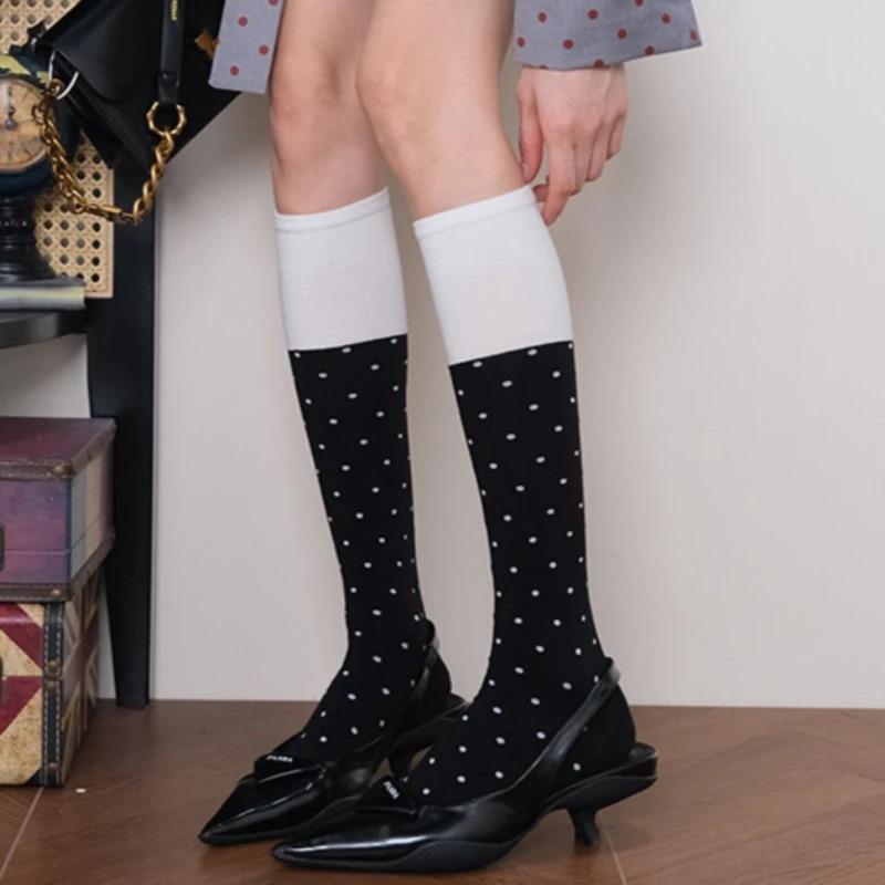 

Fashion Color Block Polka Dot Cotton Knitted Socks Women Chic Korean Style Versatile Casual Socks Sweet Cute Knee High Stockings One Size чёрный