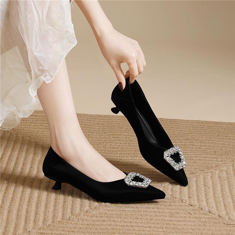 Temperament commuter high heels light luxury rhinestone pointed spring new foreign style versatile inner height increase shallow mouth single shoes