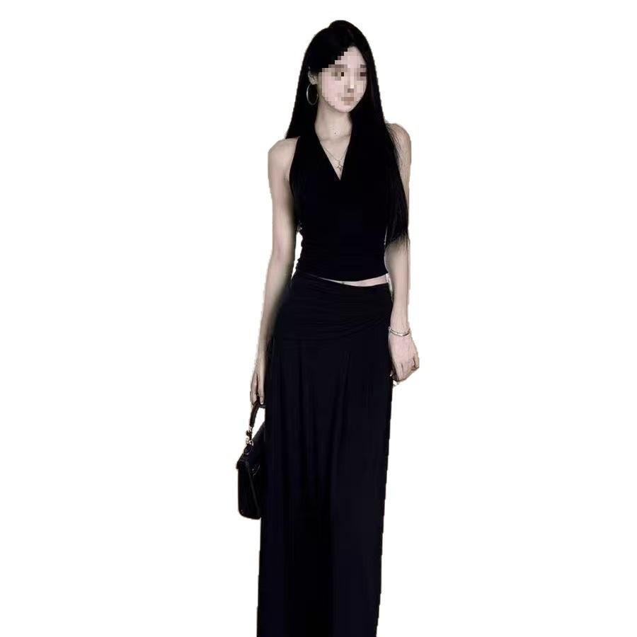 Korean Summer Kink Pleated Retro Top Vest Splicing Set Sleeveless Skirt Pendulum