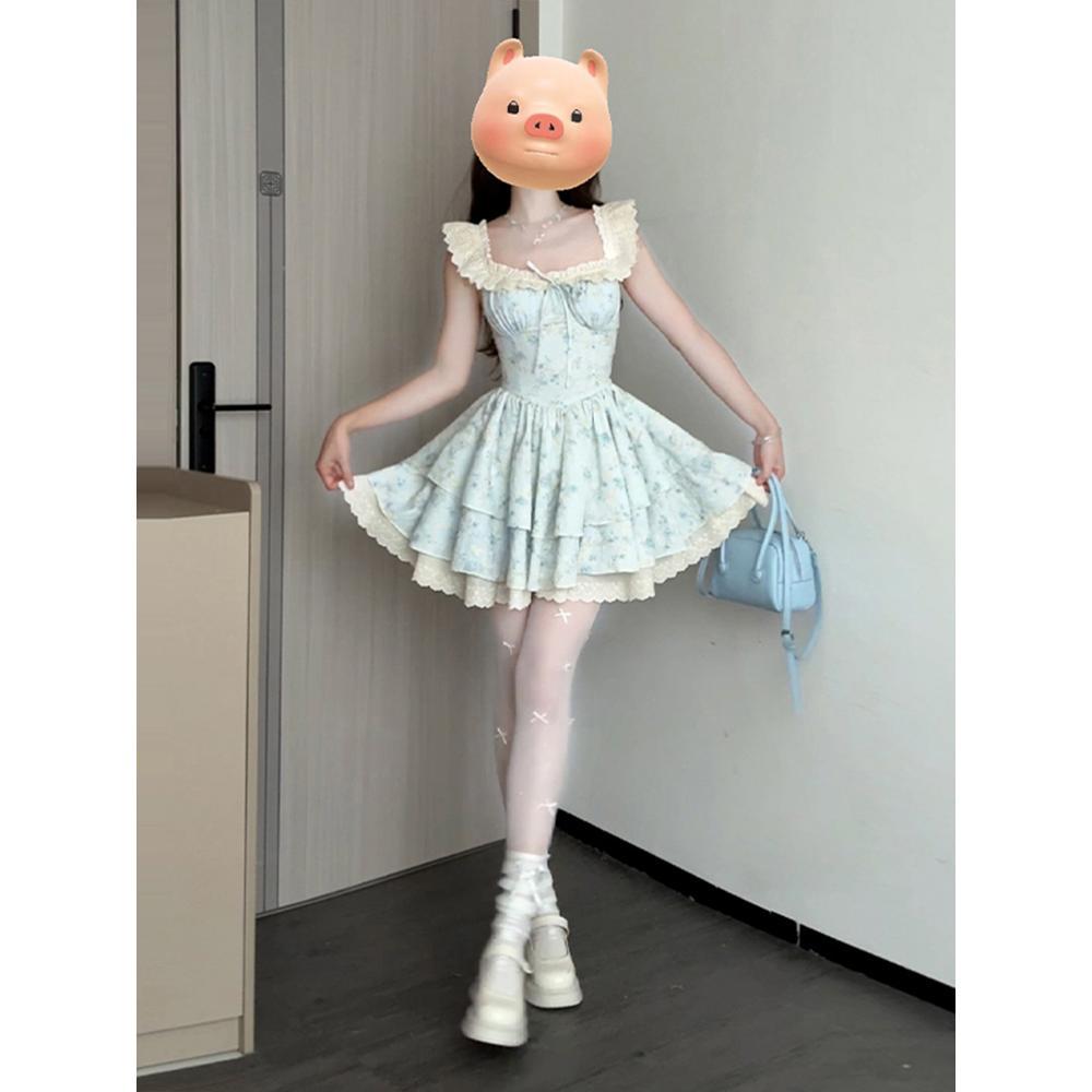 French Casual Small Flying Sleeves Summer Beautiful Princess Cake Dress Waist Fluffy Dress Gentle Floral Dress Women