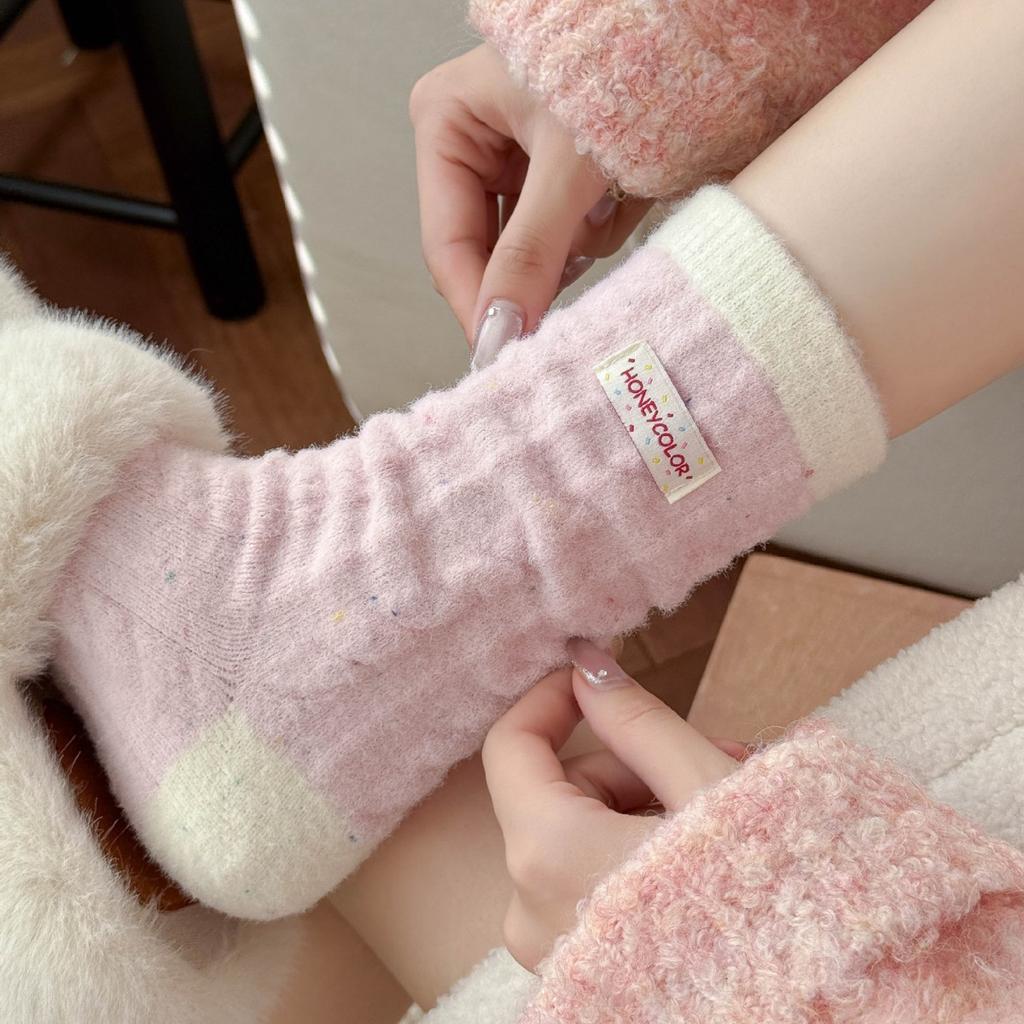 Socks Women's Winter Maillard Color Warm Plush Thickened Plush Striped Medium Tube Socks Home Sleeping Socks