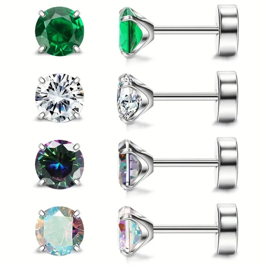 8 Pcs 20G Hypoallergenic Cubic Zirconia Flatback Earrings 316L Stainless Steel Body Piercing Jewelry for Women and Men