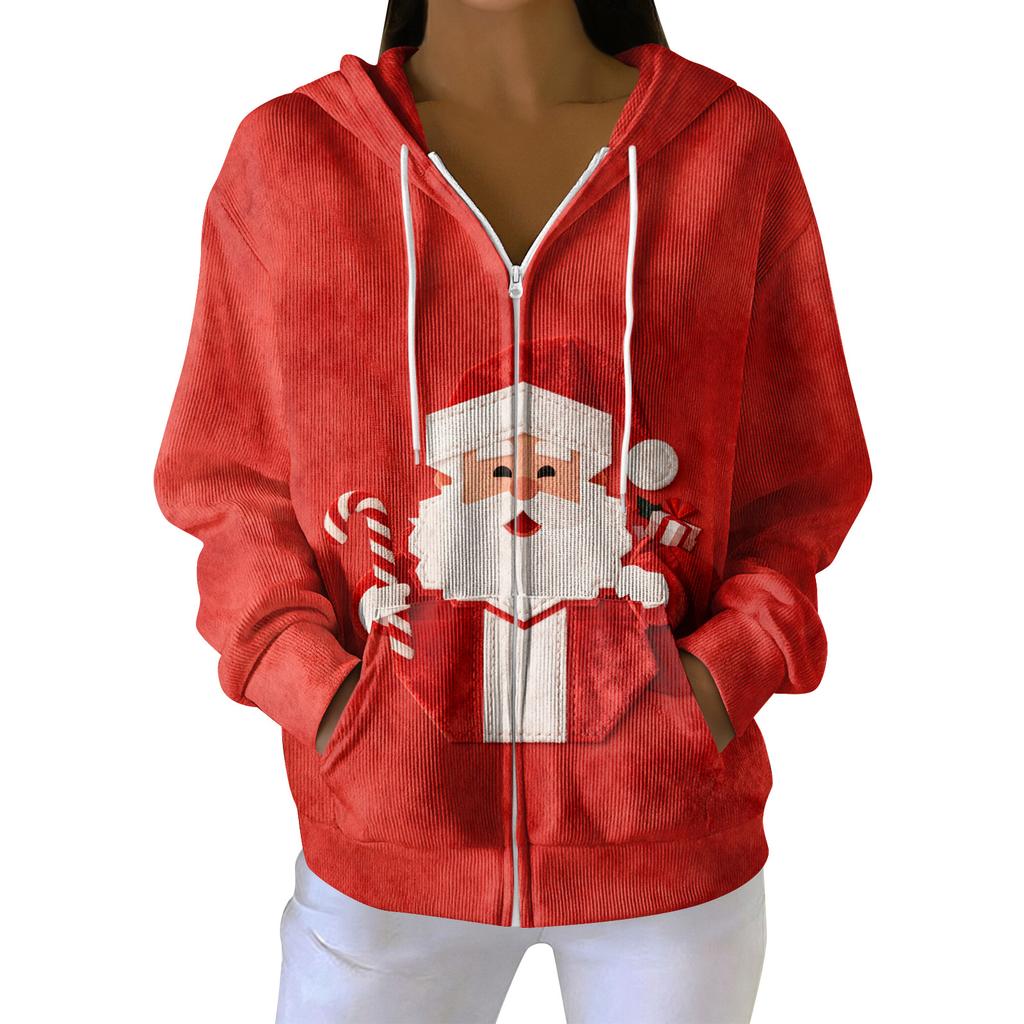 Dámská ležérní módní pletená mikina s kapucí na zip s dlouhým rukávem a vánočním potiskem