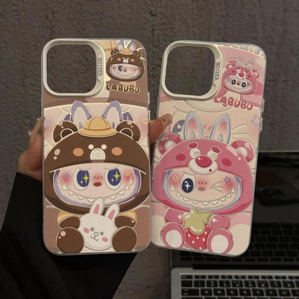 Labubu Bear Strawberry Bunny Couple Phone Case for iPhone 15/14/13/12 Pop Mart Kawaii Cover