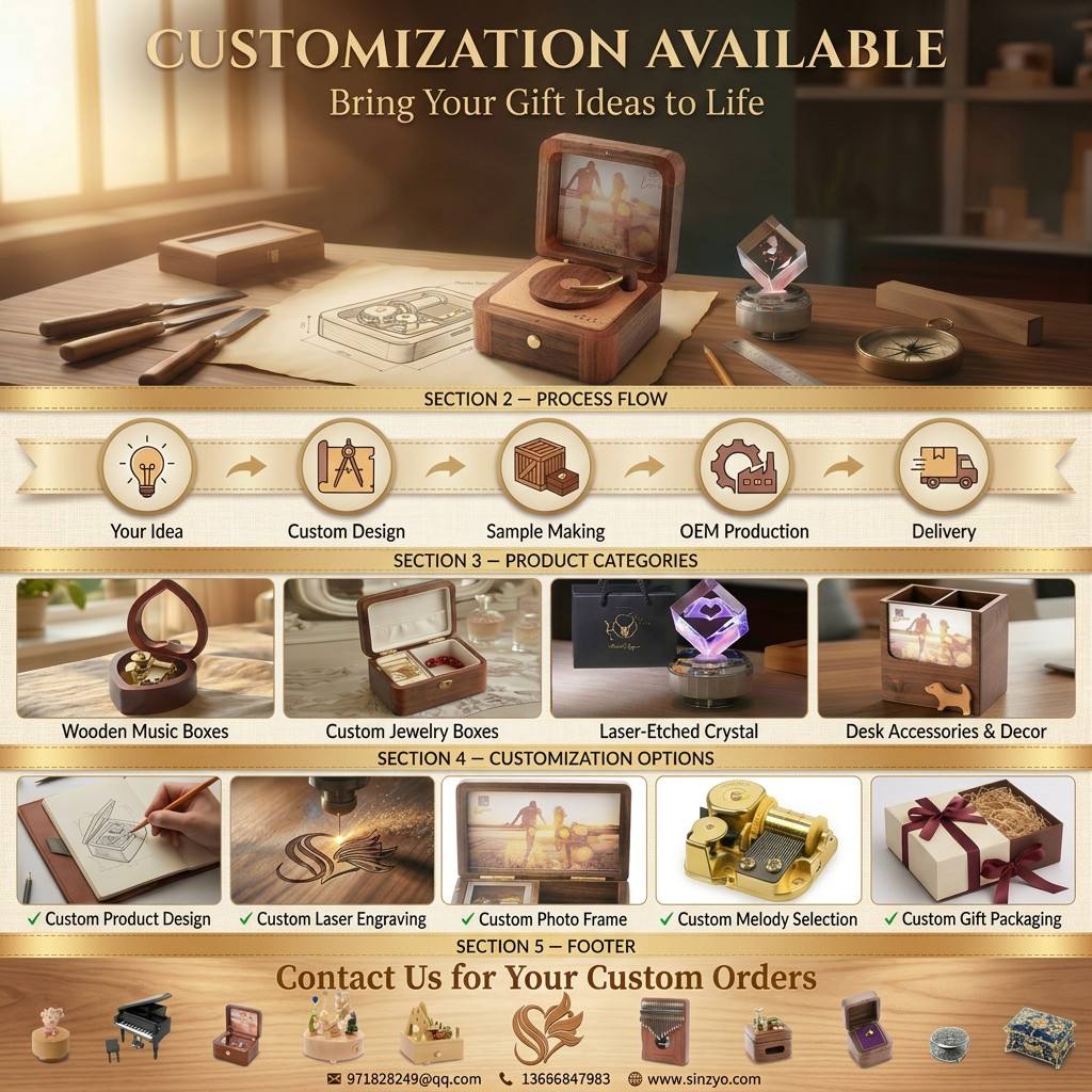 Mini Walnut Wooden Photo Music Box 18 Note Sankyo Wind Gear Custom Inner Picture Modern 18s Sound Duration Wedding Anniversary