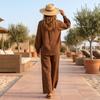 Women's Two Piece Outfit Set with Ruffle Collar Tie Front Long Sleeve Top and Wide Leg Pants