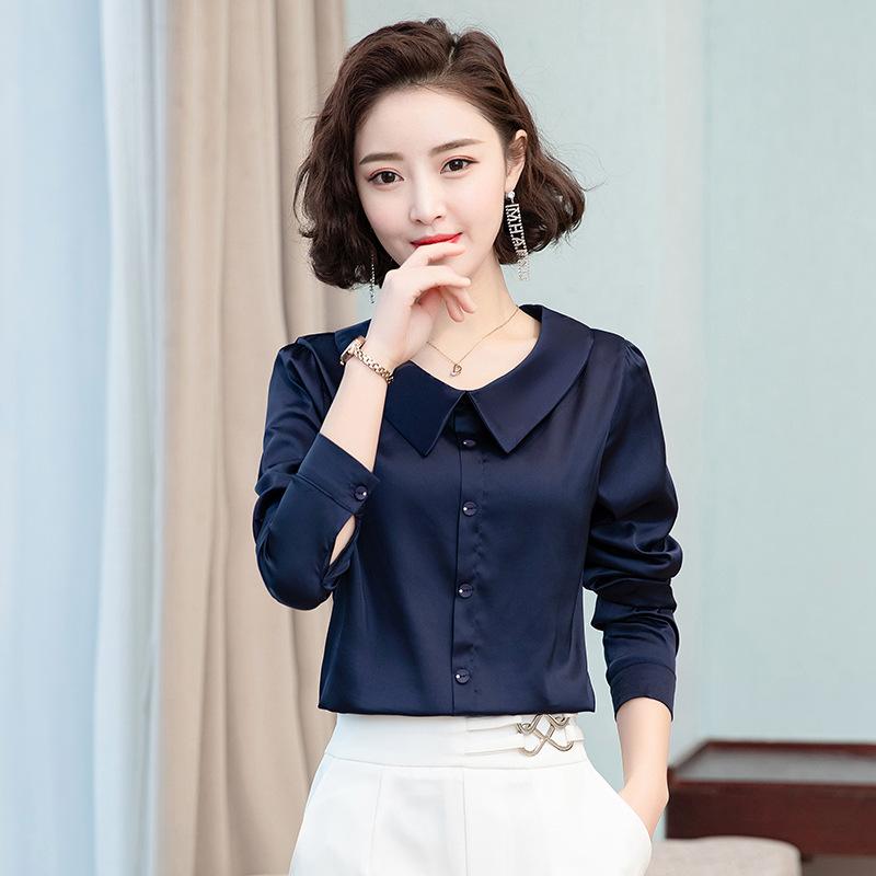 Camisa de satén de manga larga con cuello de muñeca para mujer, color rojo, versátil y moderna, para otoño