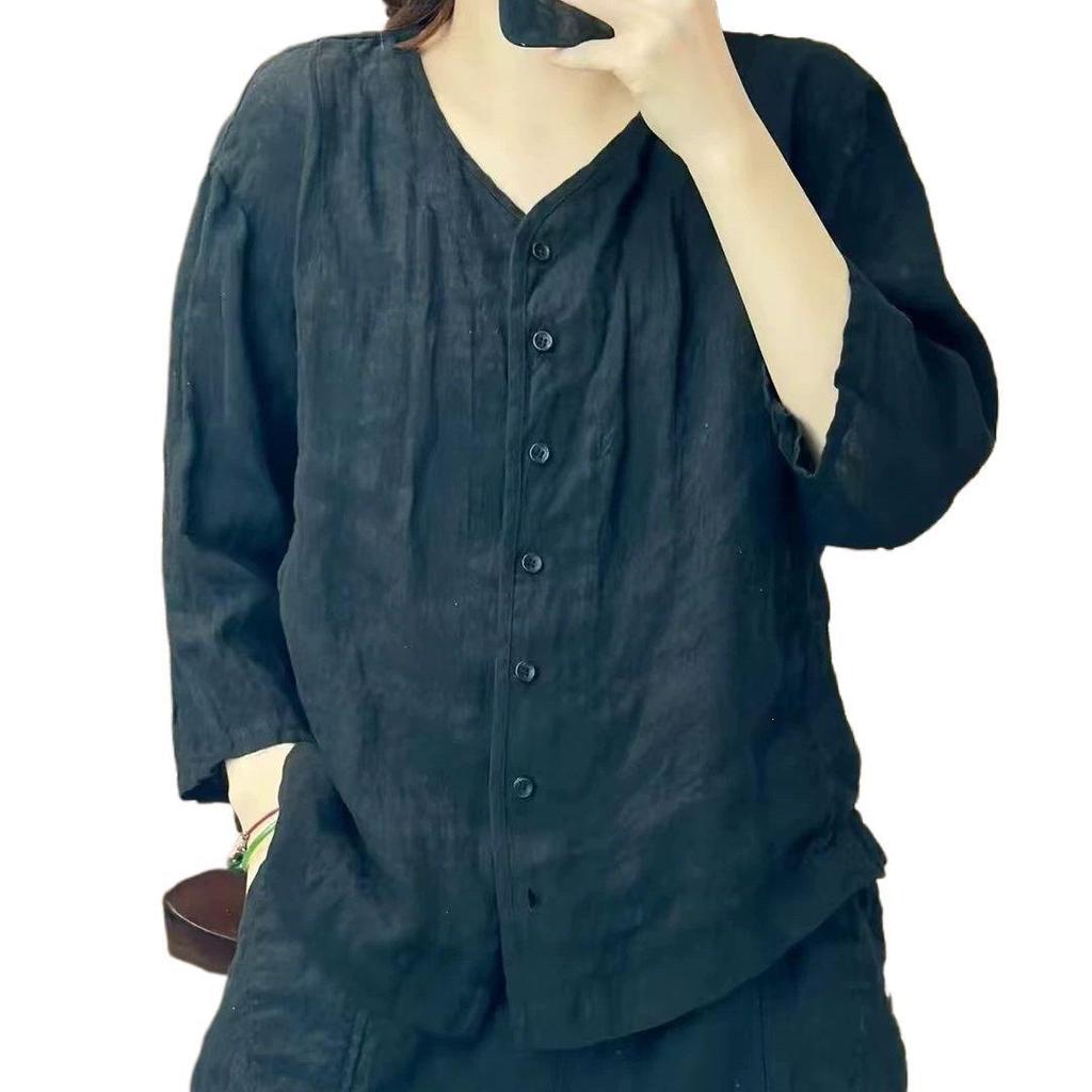 Women's Retro V-Neck Artistic Cotton Linen Shirt - Loose, Slimming, Versatile, Single-Breasted Top