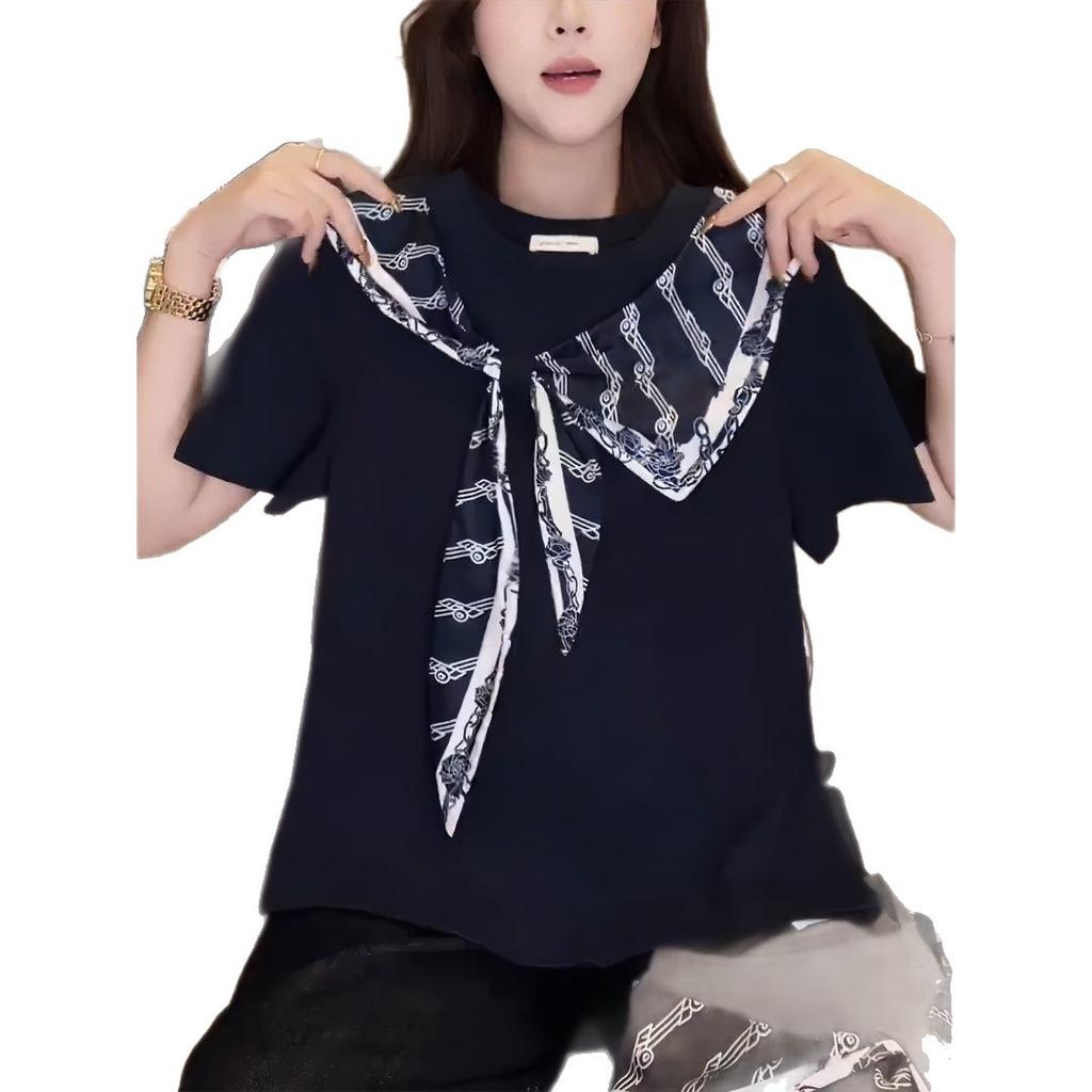 Large size Korean silk scarf splicing short-sleeved t-shirt women's summer new loose and thin belly-covering versatile foreign-style top