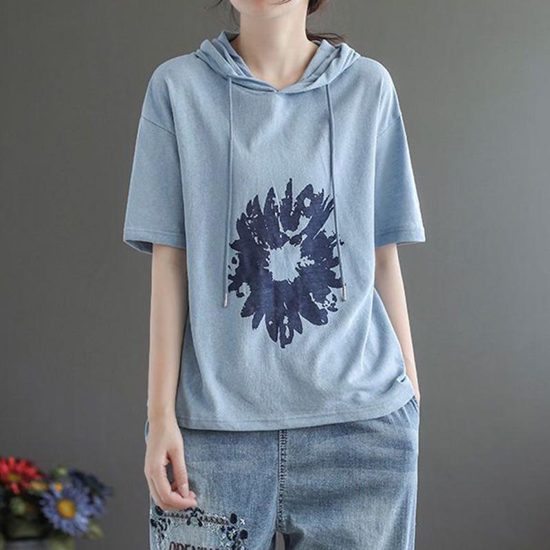Short Tshirt Sleeve Hooded Cotton For Women Summer Plus Size Women Comfortable Loose Short Sleeve Tops