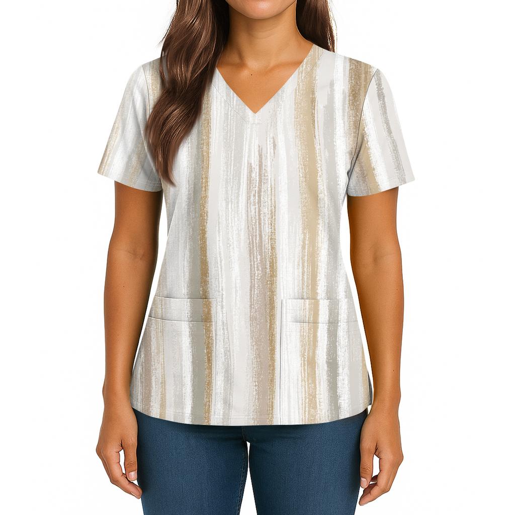 Women's Gradient Print V-Neck Double Pocket Short Sleeves Hem Slit Uniform Caregiver Top