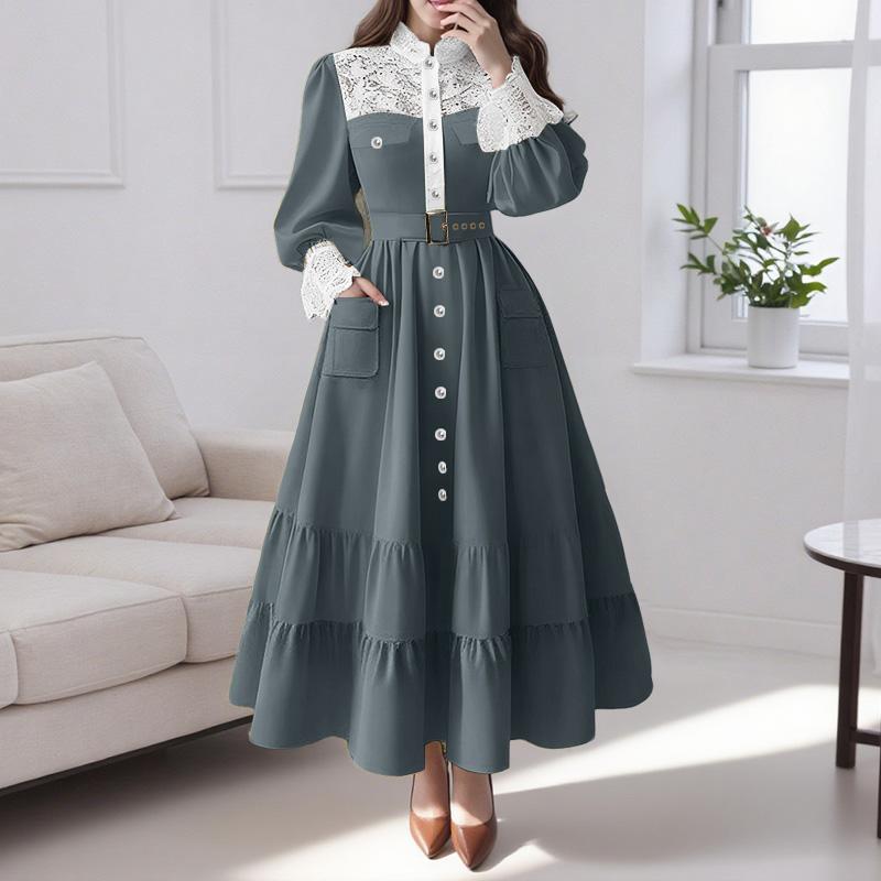 

ZANZEA Женское повседневное платье с круглым вырезом и длинными рукавами, с кружевной отделкой 5XL темно-синий