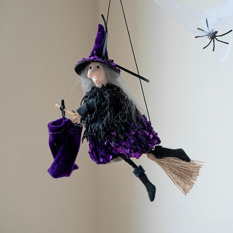 Halloween Witch Ornament Dolls Halloween Background Wall Party Decoration Hanging Pendants  Sequin Dress Witch Broom Figurines