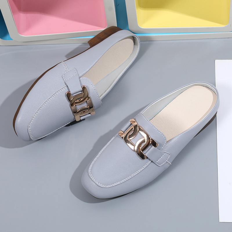 New Women Baotou Half Slippers Ladies Square Toe Thick Heel Muller Sandals For Outer Ladies Flat Fashion Vintage British Leather