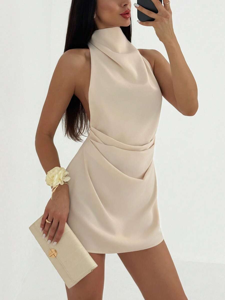 Women s Cowl Neck Sleeveless Mini Dress Straight Fit High Waist Elegant Backless Party Dress S абрикосовый