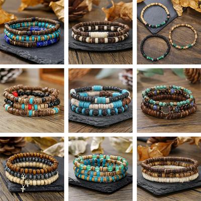 Men's Handmade Wooden Bead Layered Bracelet Set - European & American Style