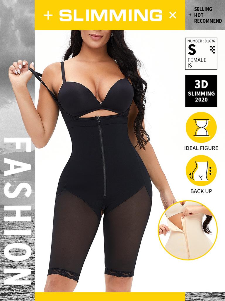 Plus Size Extended Strap Bodysuit Shapewear, Front Zipper Hook Tummy Control Butt Lifter