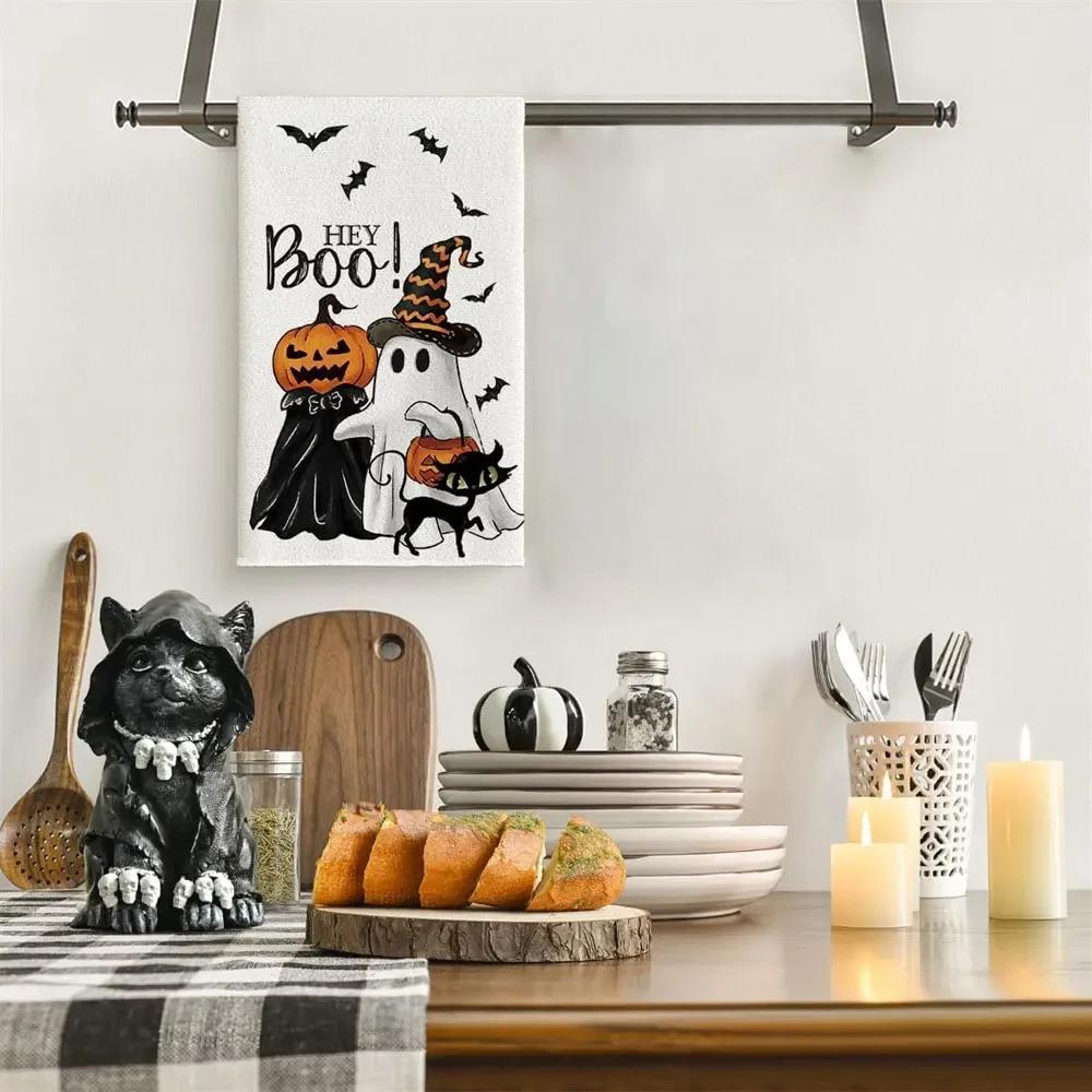 Hey Boo Halloween Festival Ghost Pumpkins Bats Cat Kitchen Dish Seasonal Hand Towel for Party Decoration Supplies Decor Favors