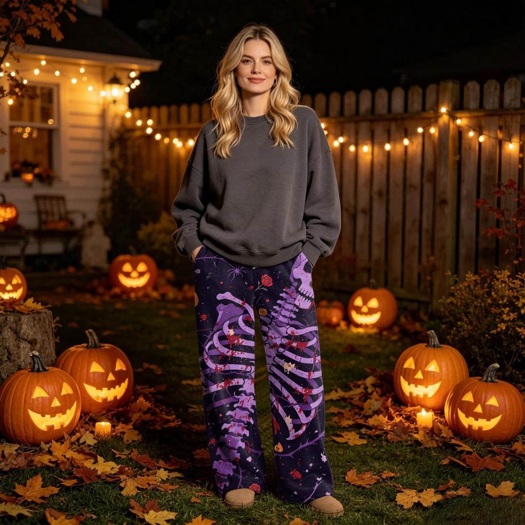 Dames Halloween Print Flanellen Broek - Gezellige Pyjamabroek voor Slaap en Ontspanning