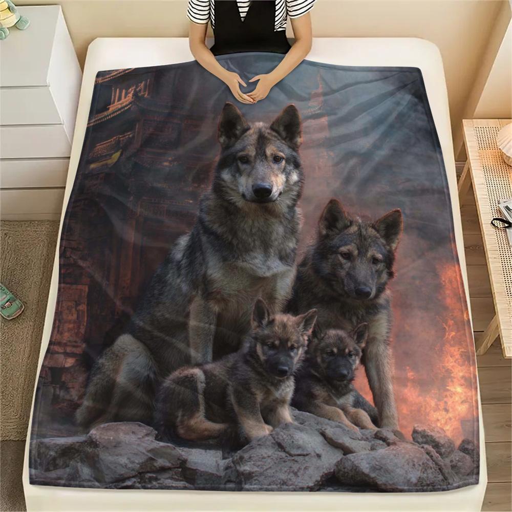 1PC Gray wolf Print Flannel Blanket, High quality Comfortable for All Seasons, Home Decor, Warmth and Comfort