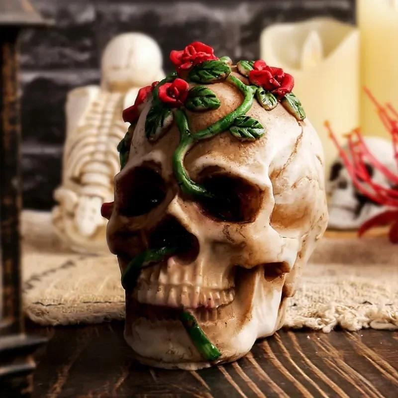 Resin Rose Skull Heads Halloween Horror Skull Ornaments Resin Crafts Party HomeGarden Lawn Decor Haunted House Horror Props Gift
