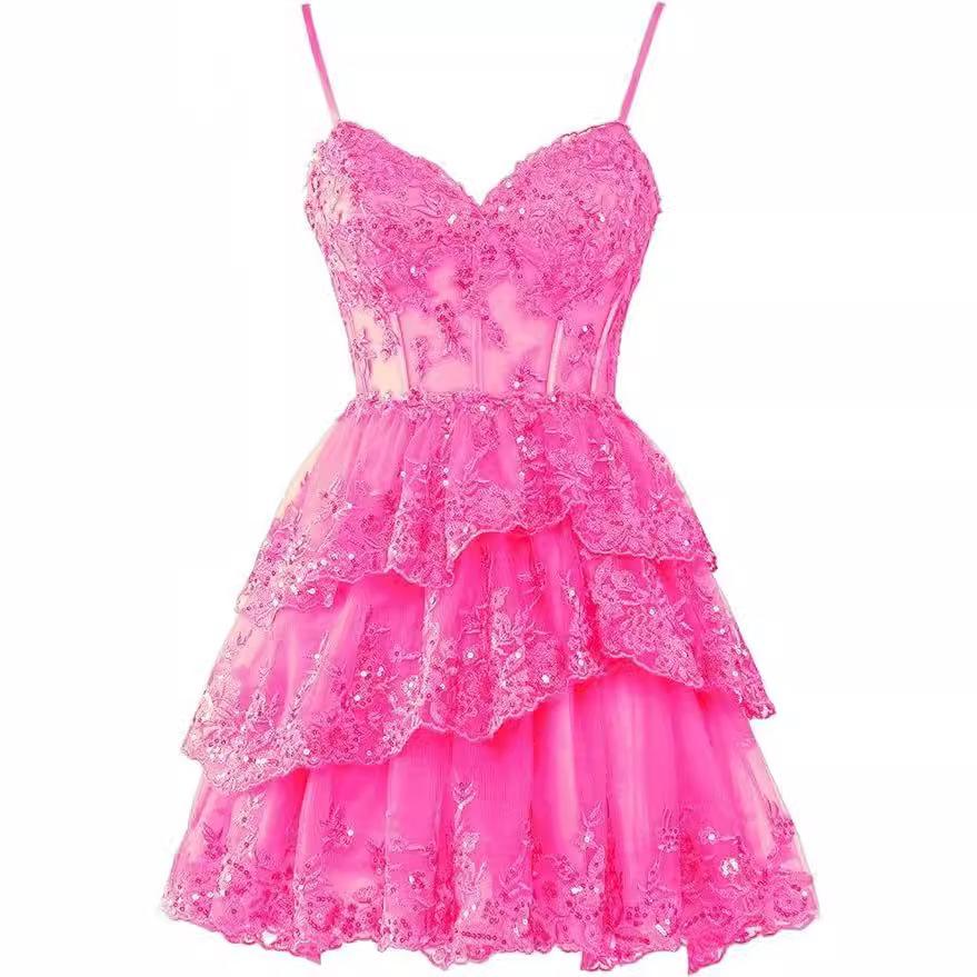 Dress Thin Shoulder Strap Tulle Layered Alumni Dress Short Shiny Lace Corset Layered Formal Party
