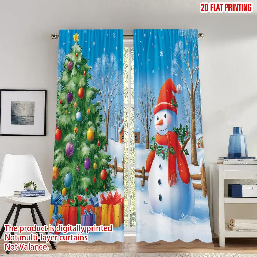 2pcs 2D flat printing Happy Christmas Scene Curtains Christmas Snowman Winter Holiday Tree Digital Printed Polyester Drapes 100*130 Rod Pocket 1pcs