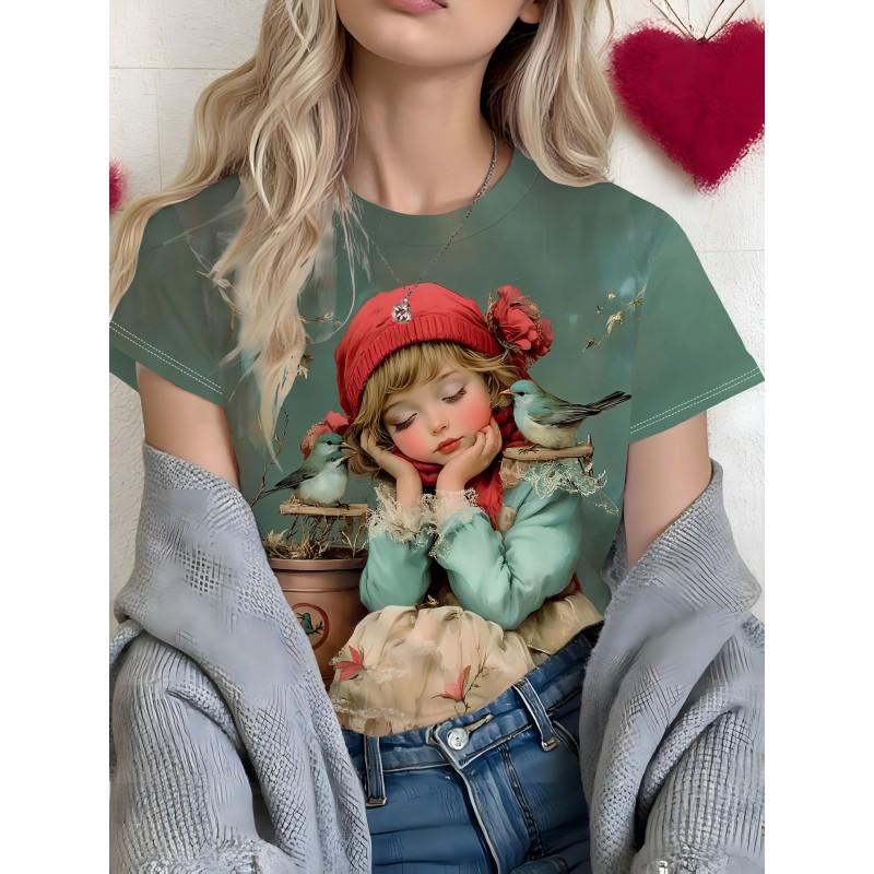 Casual Loose Fit Round Neck Short Sleeve T-Shirt With 3D Dog Print Women Men 2025