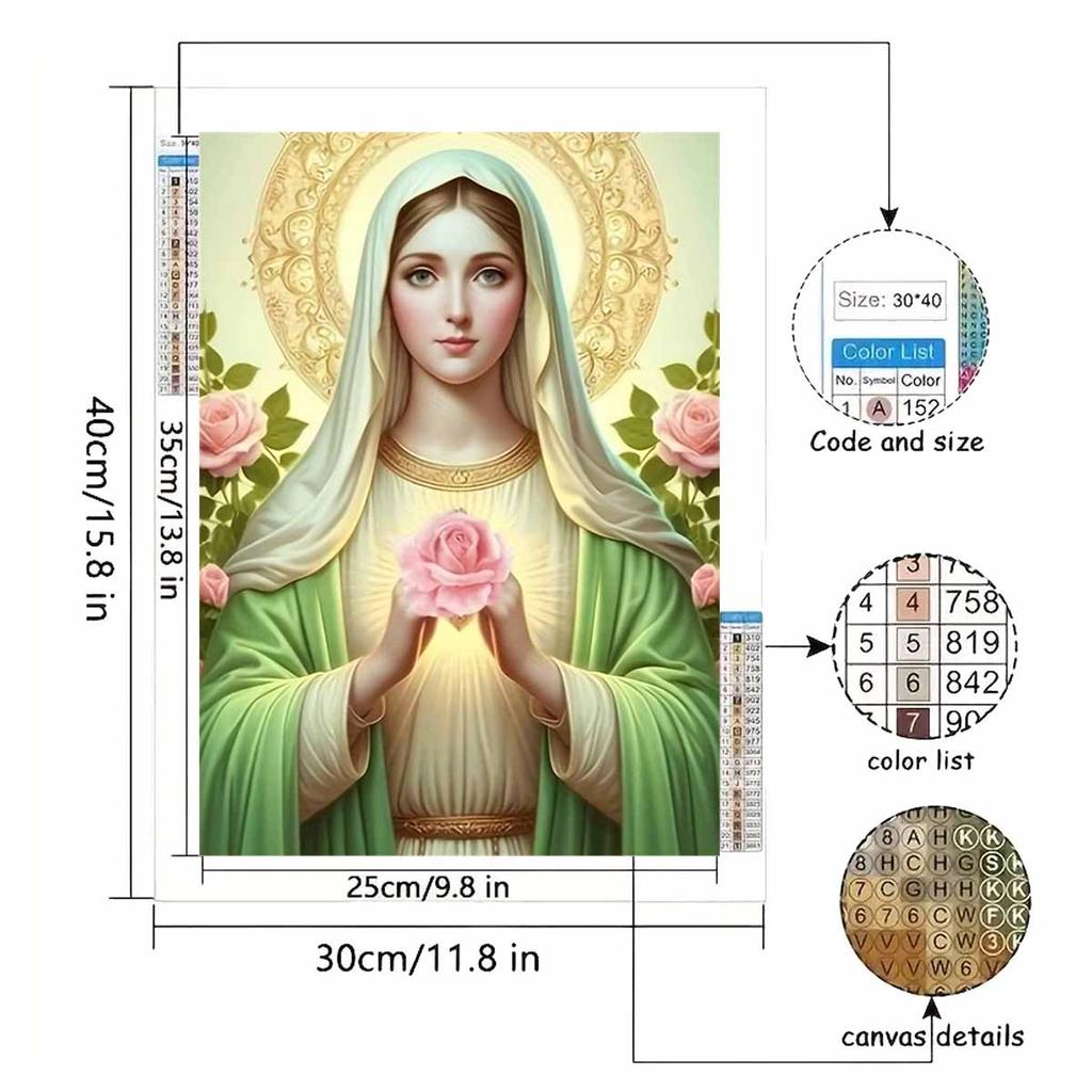Diamond Painting Set DIY 5D Full Diamond Virgin Mary with Pink Roses Crafts for Home Wall Decoration