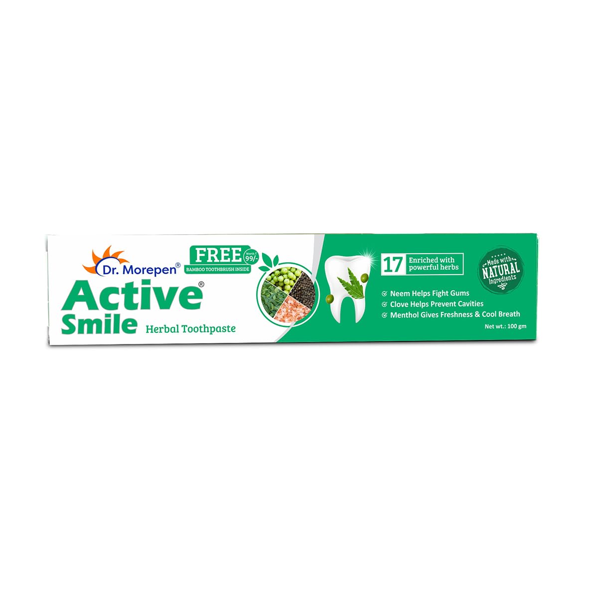 

доктор. Зубна паста Morepen Active Smile 100 г з бамбуковою щіткою, набір 1, для свіжого подиху та догляду за ротовою порожниною