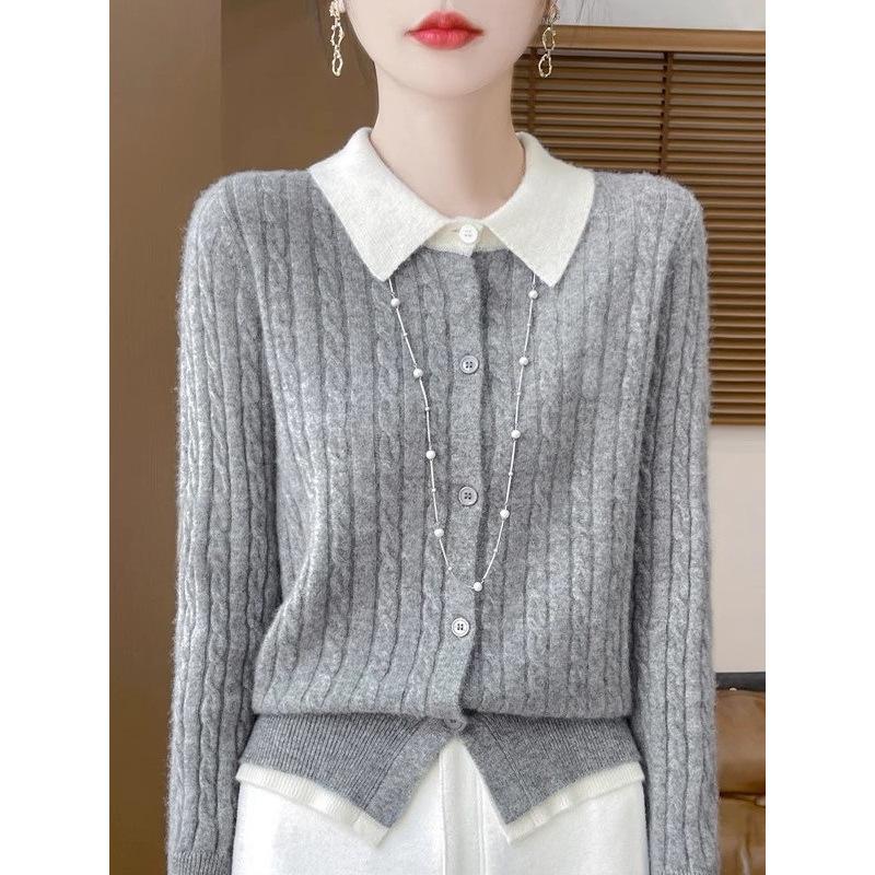 Pulover de damă cu mâneci lungi, cu rever, tricotat, de bază pentru femei