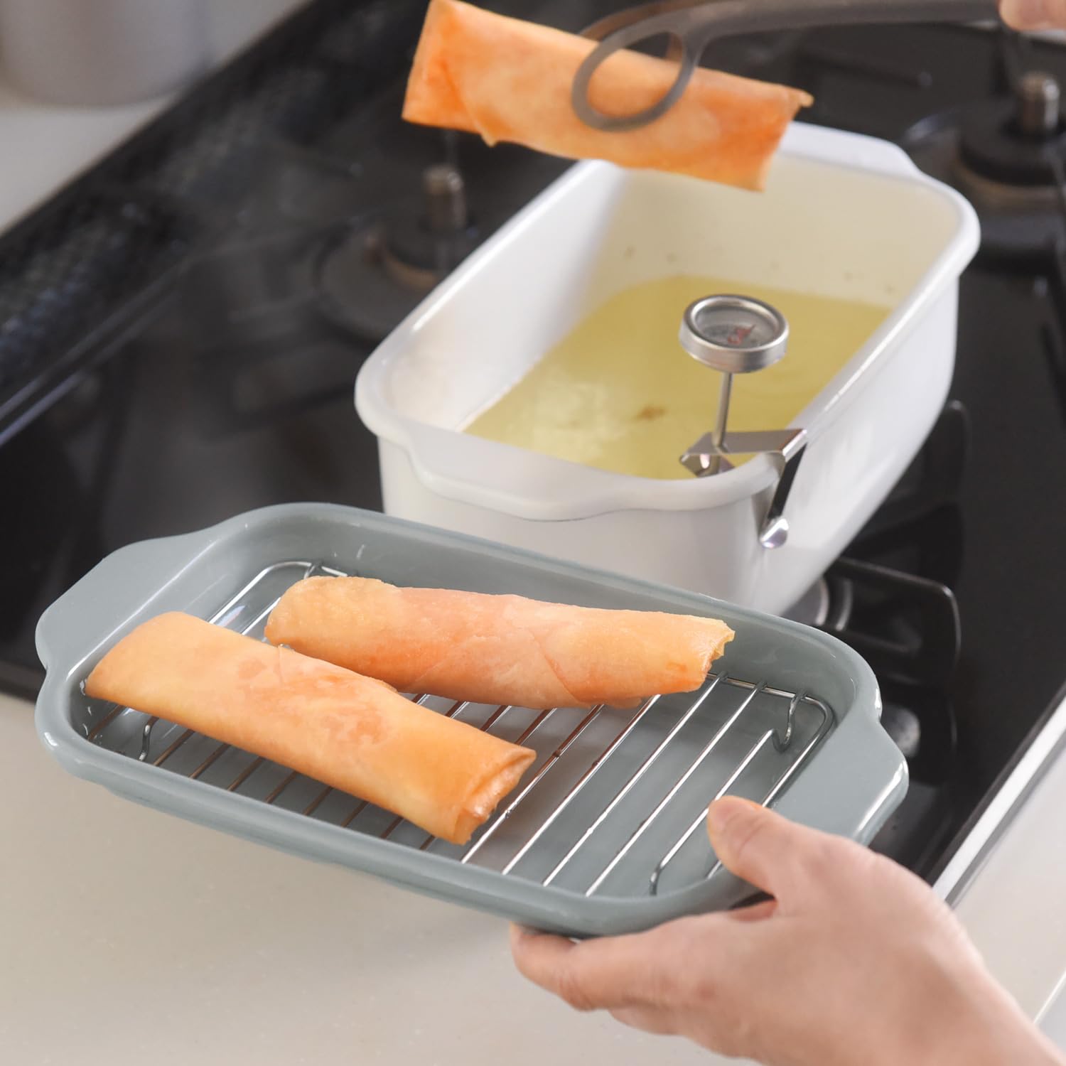 

Fuji Enamel Square Tempura IH with Frying and Custom Pot, Compatible, Thermometer, Net, Tray, Color TP-20K.GB (Grayish Blue)