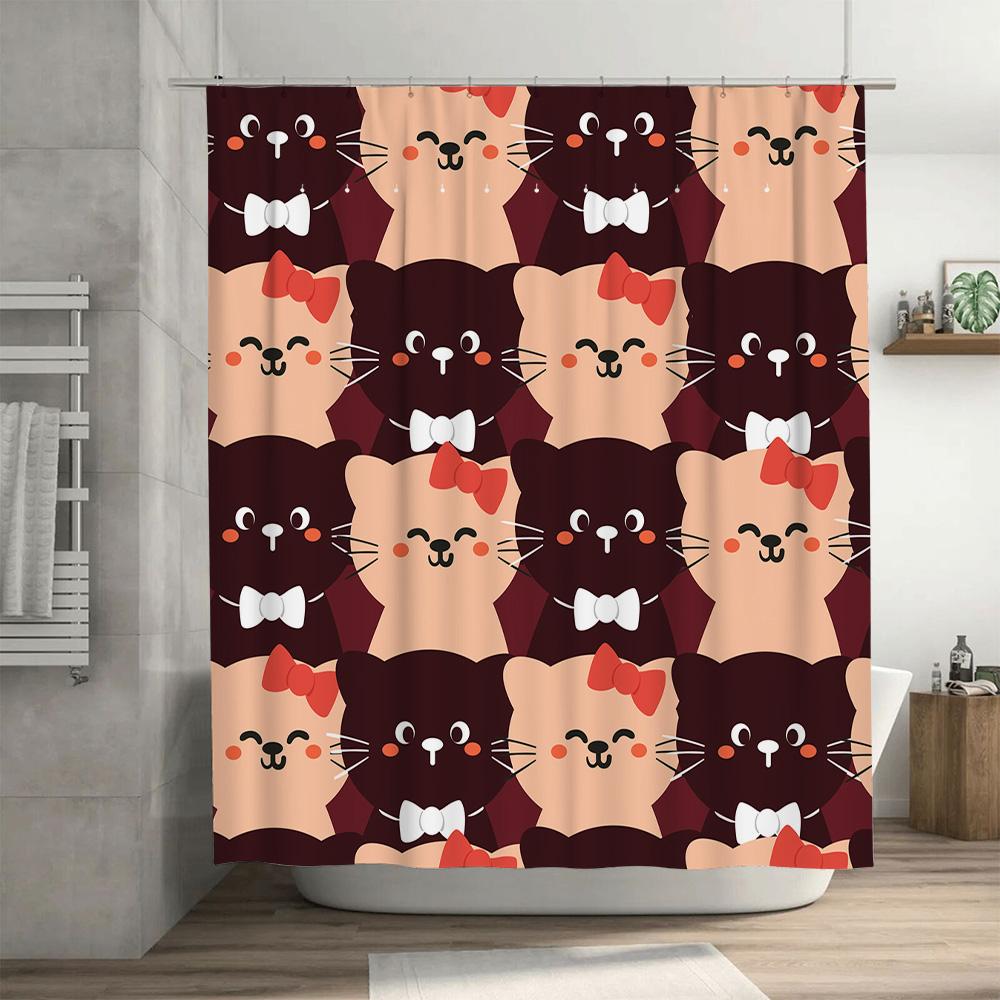 Kitten Shower Curtain Set Red And Pink Cat Print Fabric Waterproof Bath Decor For Bathroom Accessories Home Supplies