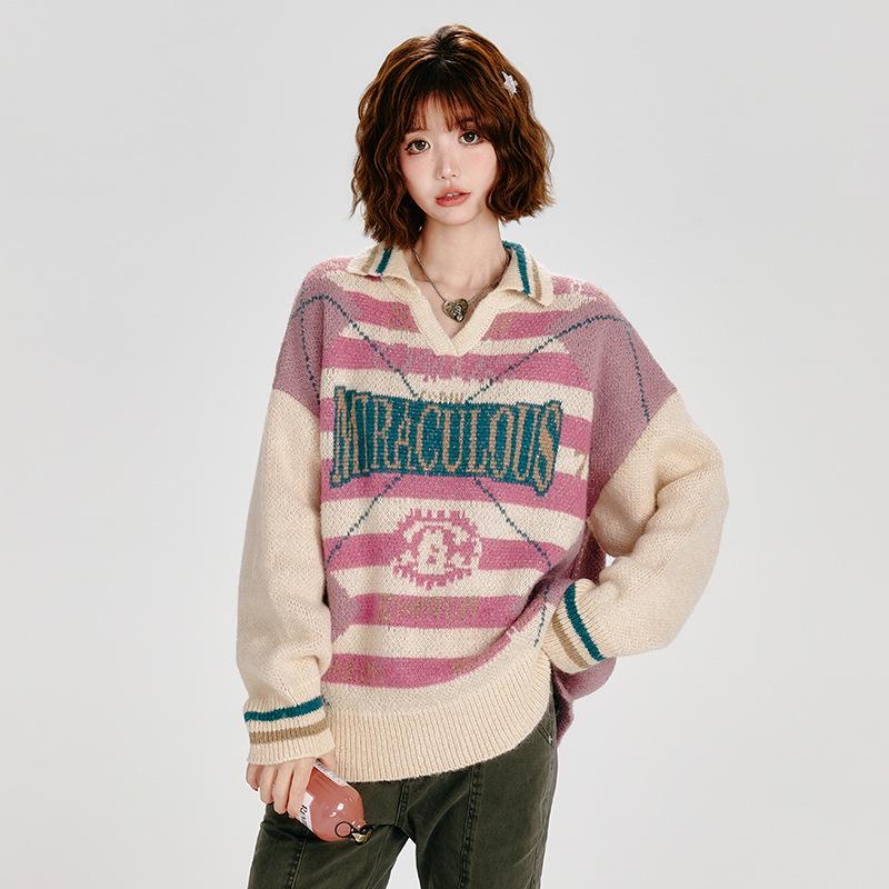 Girlyhalo Women s Retro Striped Sweater - Autumn/Winter Color Block, Thick Turn-Down Collar Top Medium