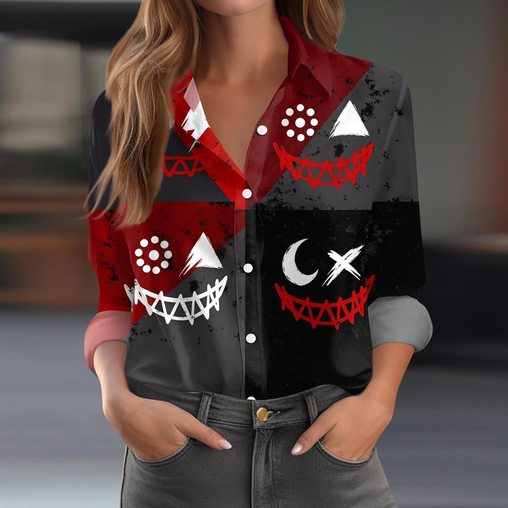 Women's Button-Down Shirt Long Sleeve Casual Halloween Print Top