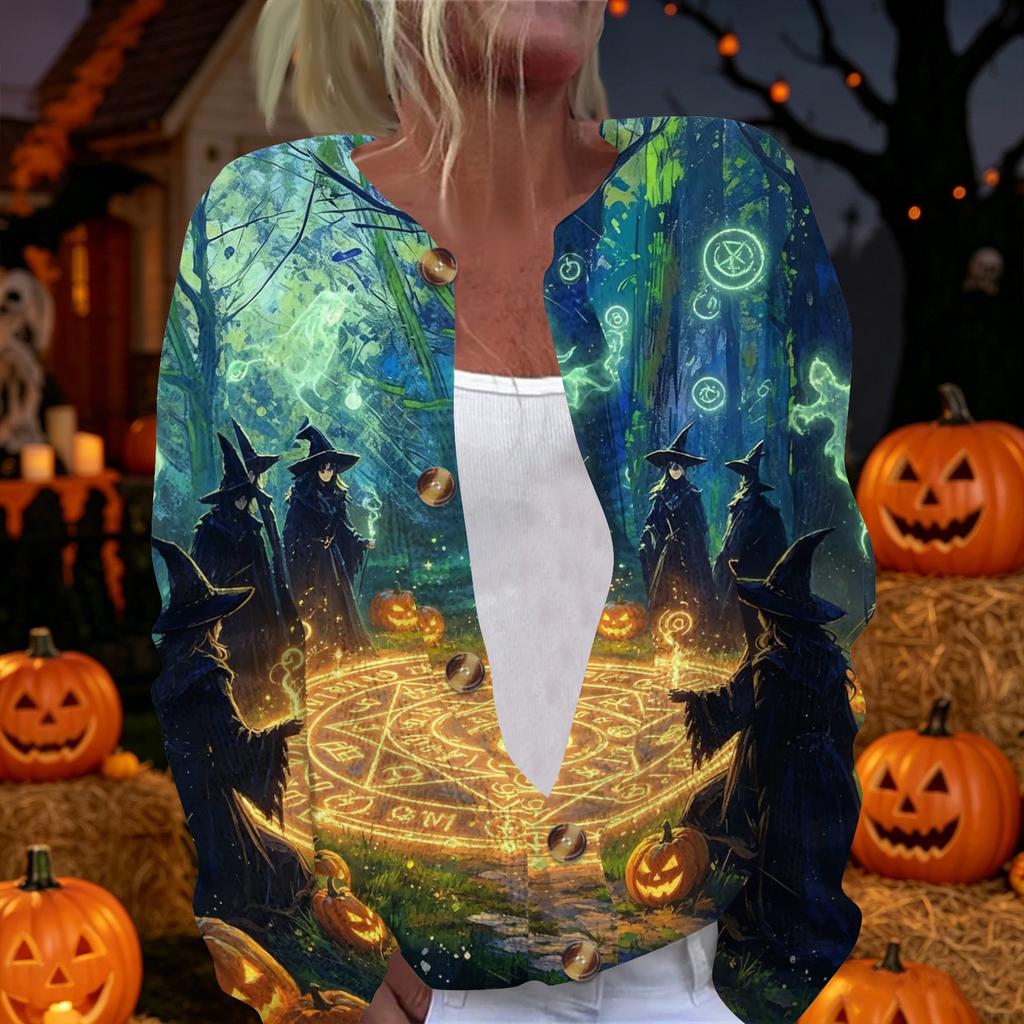 Womens Halloween Print Long Sleeve Knit Cardigan Button Up Sweater Coat Lightweight Casual Outerwear for Fall and Winter