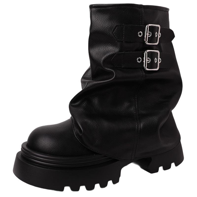 Nisje retro britisk stil spenne plattform korte Martin-støvletter dame 2025 høst og vinter nye tynne svarte lokomotivstøvletter