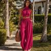 Comfortable Summer Pants Women's 2 Piece Outfits, High Neck Halter Sleeveless Top And Slimming Loose Trousers Wide Leg Matching Set, Beach Vacation