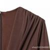 Womens V-Neck Draped Midi Dress With Pleated Waist Street Style Knit Long Sleeve Coffee Color