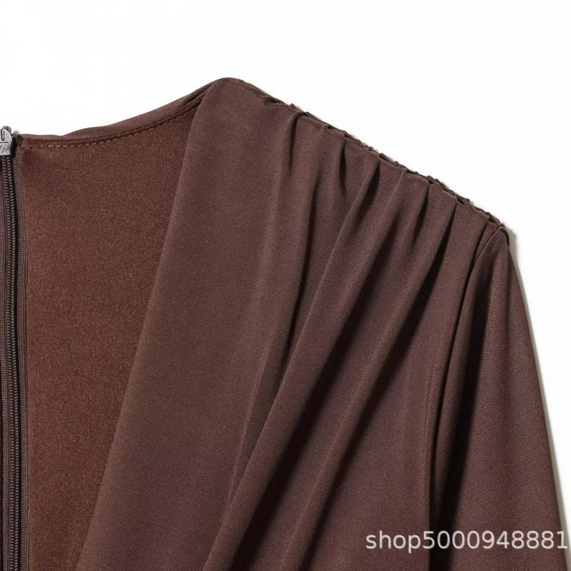Womens V-Neck Draped Midi Dress With Pleated Waist Street Style Knit Long Sleeve Coffee Color