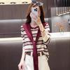 Autumn Striped Crew Neck Shawl Fake Two-piece Knitted Sweater Women's New Versatile Loose Lazy Autumn Top