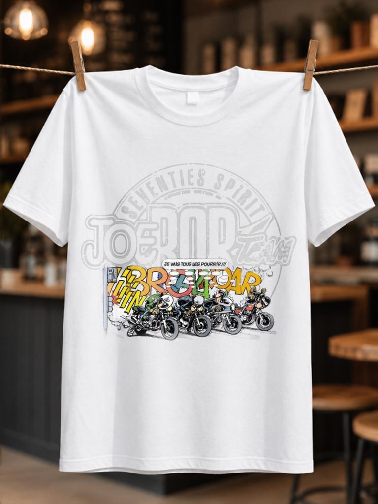 Joe Bar Team Graues verblasstes Logo Über Reihe von Rennmotorrädern Und Gelber Speed-Text Comic Biker Crew Unisex Alle T-Shirts