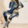 Women Plus Size Two Piece Set Round Neck Long Sleeve Teal Blue Gold Printed Longline Top And Fitted Pants