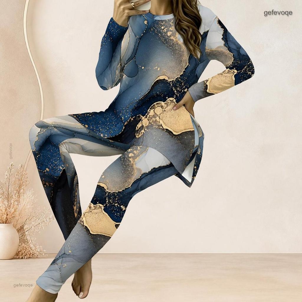 Women Plus Size Two Piece Set Round Neck Long Sleeve Teal Blue Gold Printed Longline Top And Fitted Pants