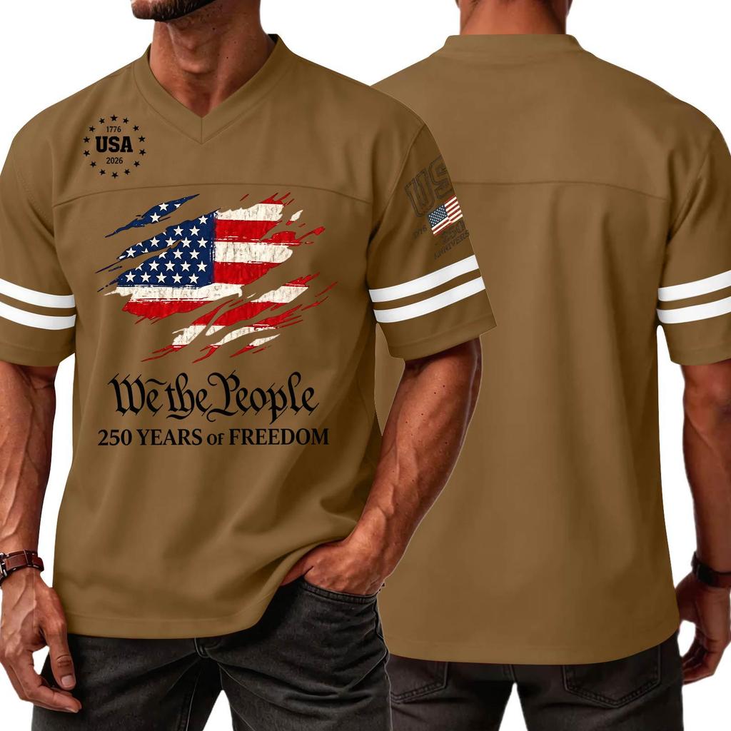 Men's V Neck Short Sleeve Sports T Shirt with 250 Years of Print Casual Jersey Style Top for Independence Day